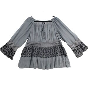 Le Marais Paris Silk Gray Eyelet Crochet Lace Peasant Blouse Made in Italy Boho